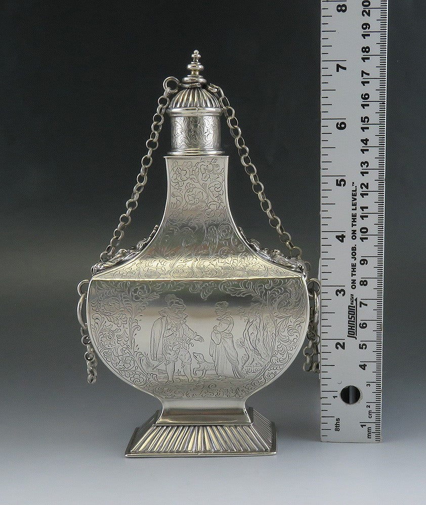 Antique 1850's Dutch Hand Engraved 850 - 900S Silver Flask Repro of 1600's Piece