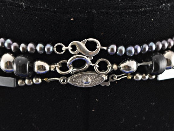 3 Genuine Pearl Hematite Sterling Silver Beaded Strand Necklaces Jewelry Set
