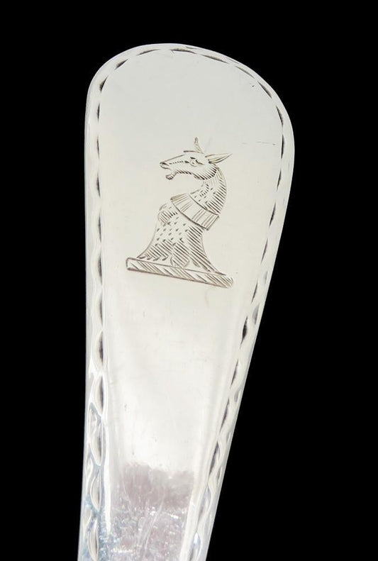 1778 English Sterling Silver Serving Spoon Alpaca Crest Benn Family 11 Inches