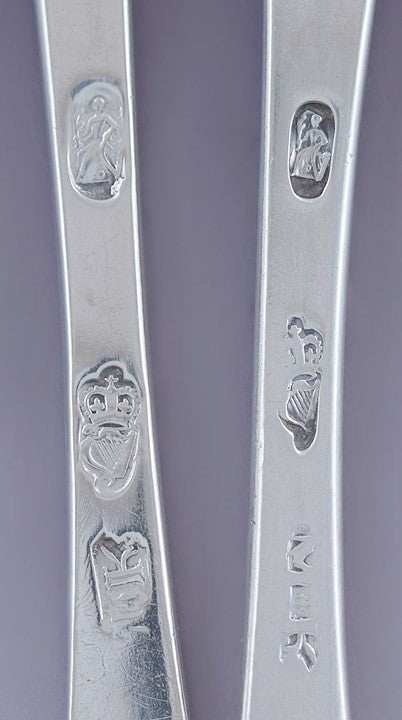 c1770-1786 Set 7 Irish Sterling Silver Feathered Edge Spoons by Michael Keating