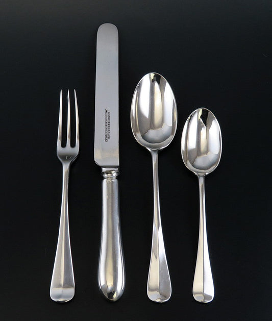 Antique English Sterling Silver 44pc Rattail Queen Anne Hanoverian Flatware Set