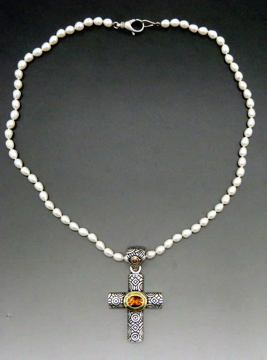 Designer HH Jewels 18K Gold Sterling Silver Citrine Cross Pendant Pearl Necklace