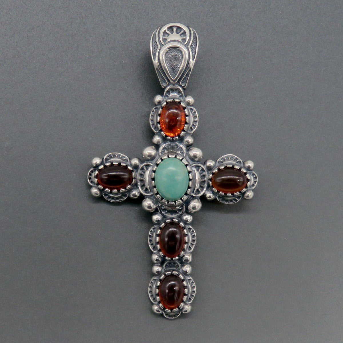 Signed Sterling Silver Amber Turquoise Relios Carolyn Pollack Cross Pendant
