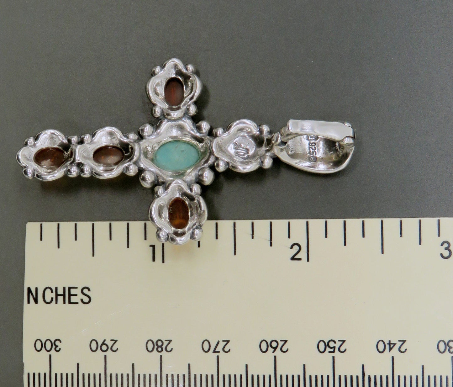 Signed Sterling Silver Amber Turquoise Relios Carolyn Pollack Cross Pendant