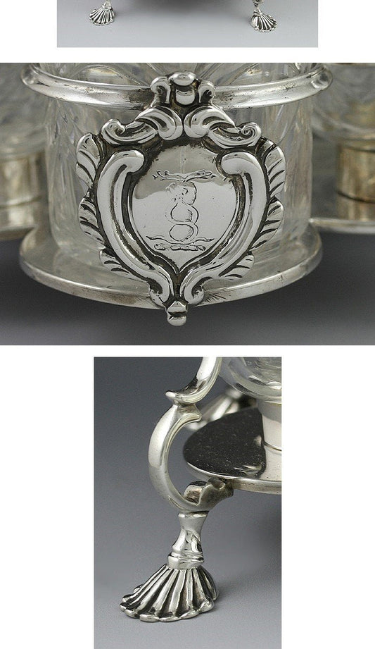 1763 ENGLISH STERLING SILVER & CUT GLASS CASTOR SET