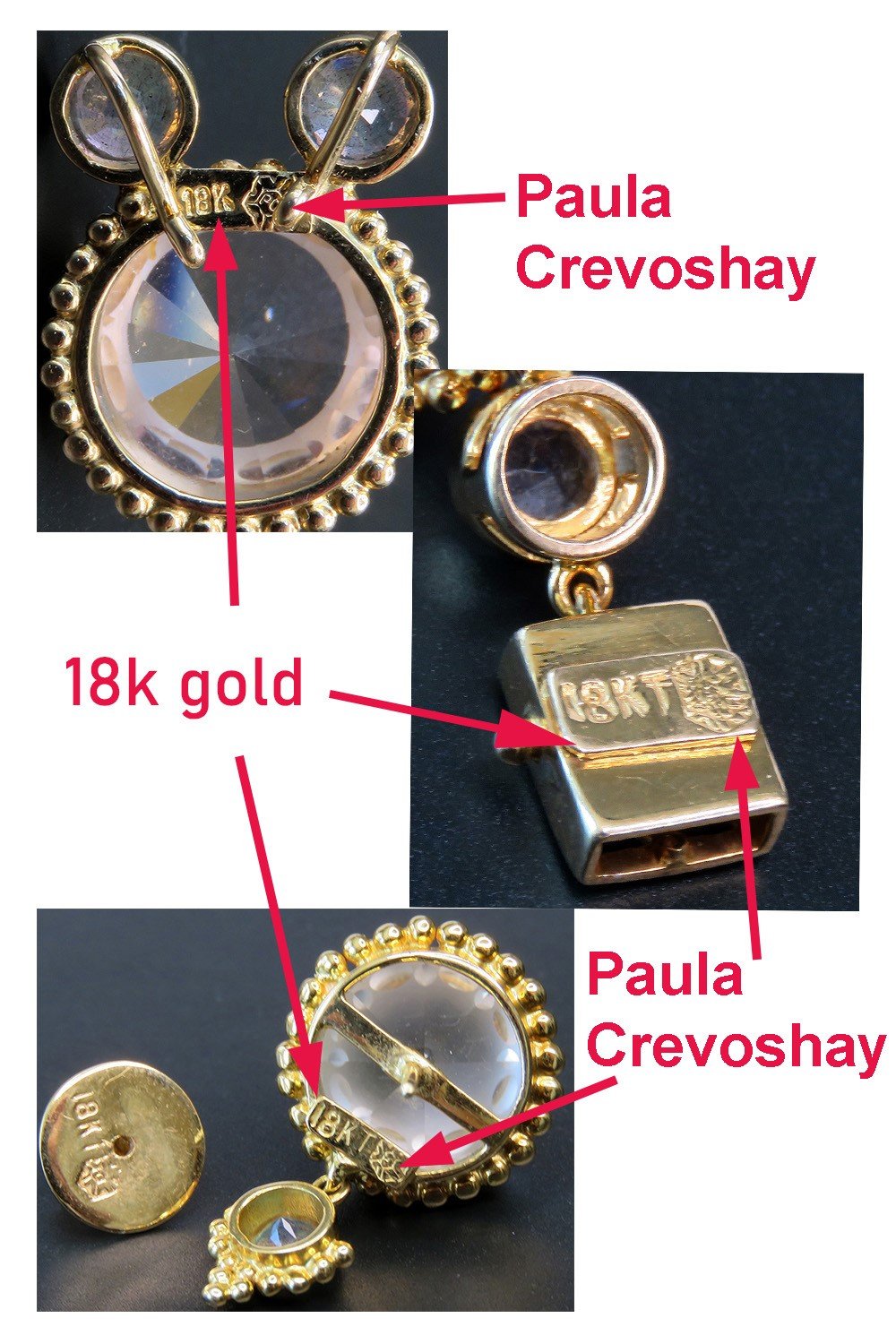 Paula Crevoshay 18k Gold Lunar Crystal Labradorite Pendant Earring Bracelet Set