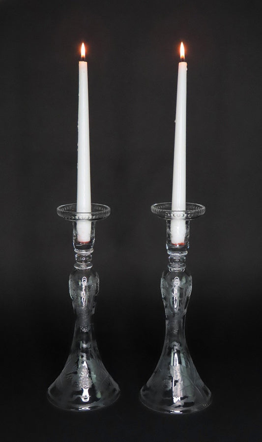 Lovely Pair Early 1900s Cut and Etched Glass Berry Vine Table Candlesticks 12"