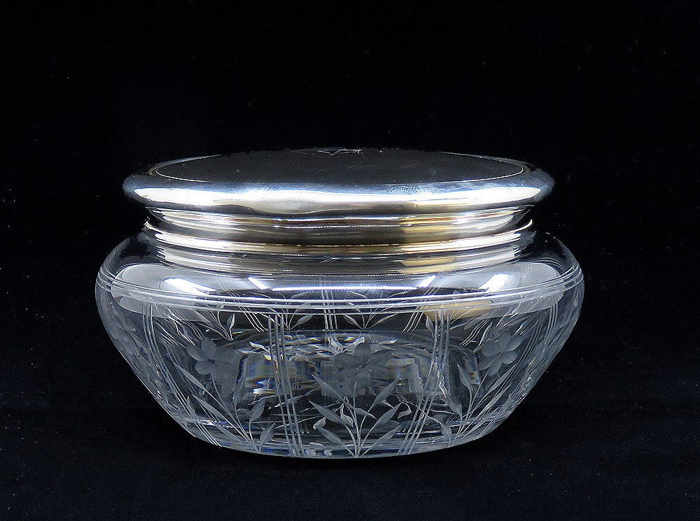 Large 1919 Gorham Sterling Silver Glass Powder Vanity Dresser Jar Box 5 3/4"
