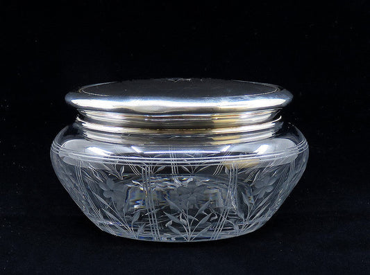 Large 1919 Gorham Sterling Silver Glass Powder Vanity Dresser Jar Box 5 3/4"