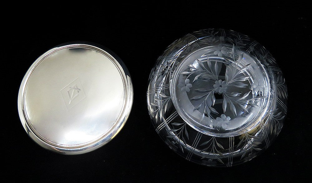 Large 1919 Gorham Sterling Silver Glass Powder Vanity Dresser Jar Box 5 3/4"