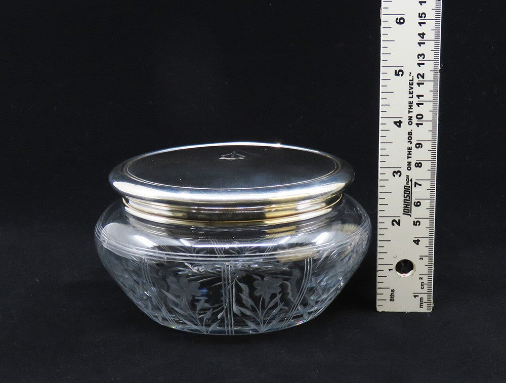Large 1919 Gorham Sterling Silver Glass Powder Vanity Dresser Jar Box 5 3/4"