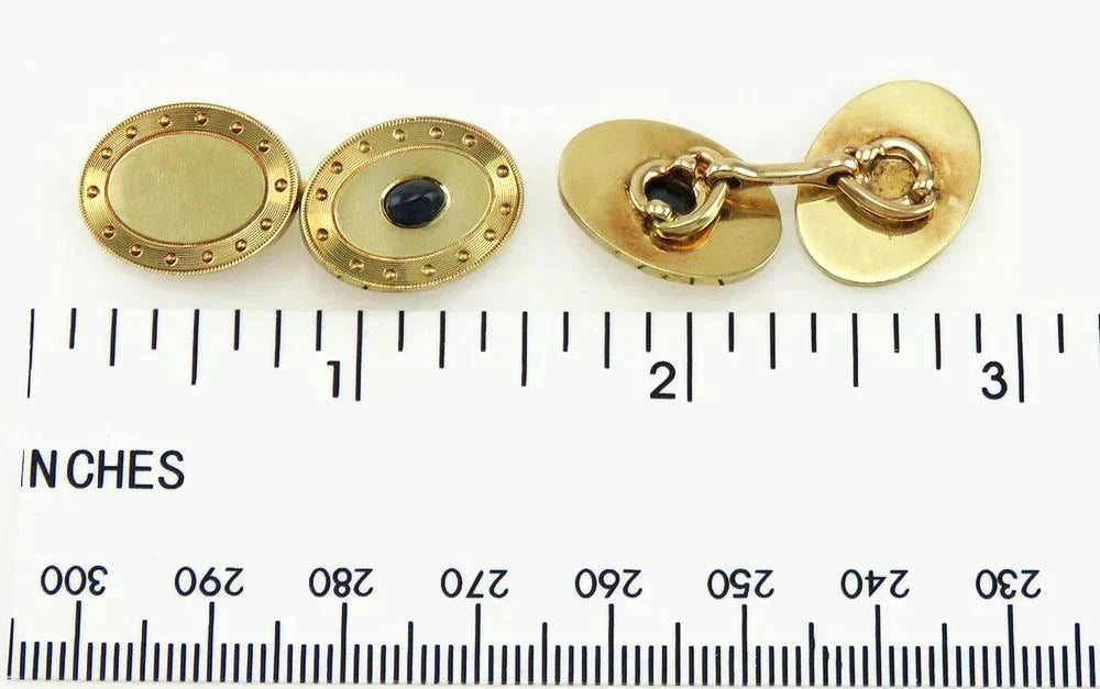Antique Early 1900's American Solid 14K Gold Sapphire Gemstone Oval Cuff Links