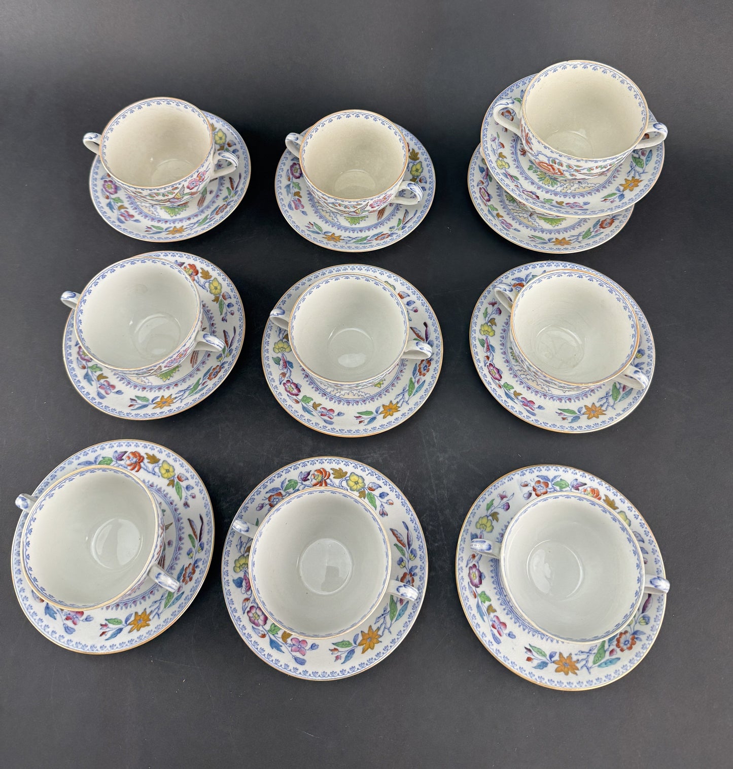 Set 10 Double Handle Bouillon Soup Bowls w Saucers Mason's Ironstone Flying Bird