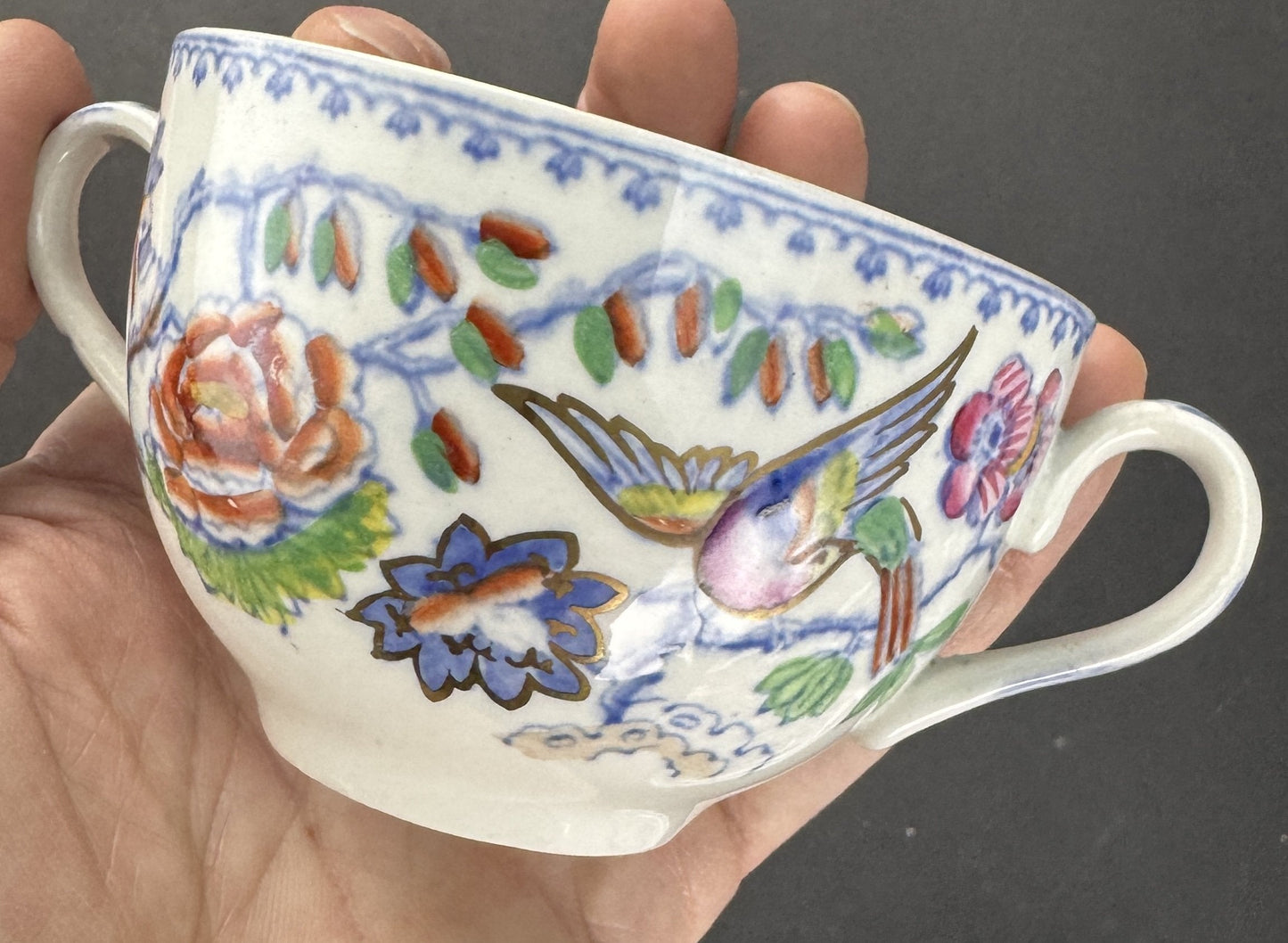 Set 10 Double Handle Bouillon Soup Bowls w Saucers Mason's Ironstone Flying Bird