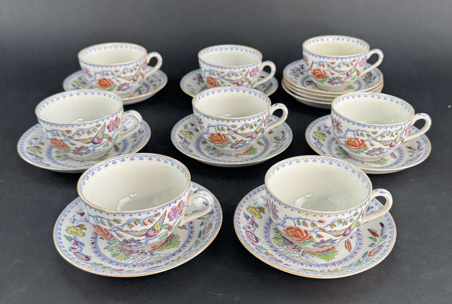 c1920s 8 Cups 11 Saucers Mason's Ironstone China Flying Bird Teacups Coffee Cups