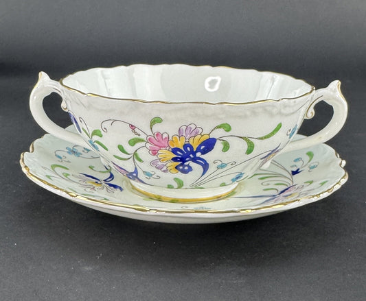 12 Coalport Fanfare Japan 2 Handle Bullion Soups with Under Plates