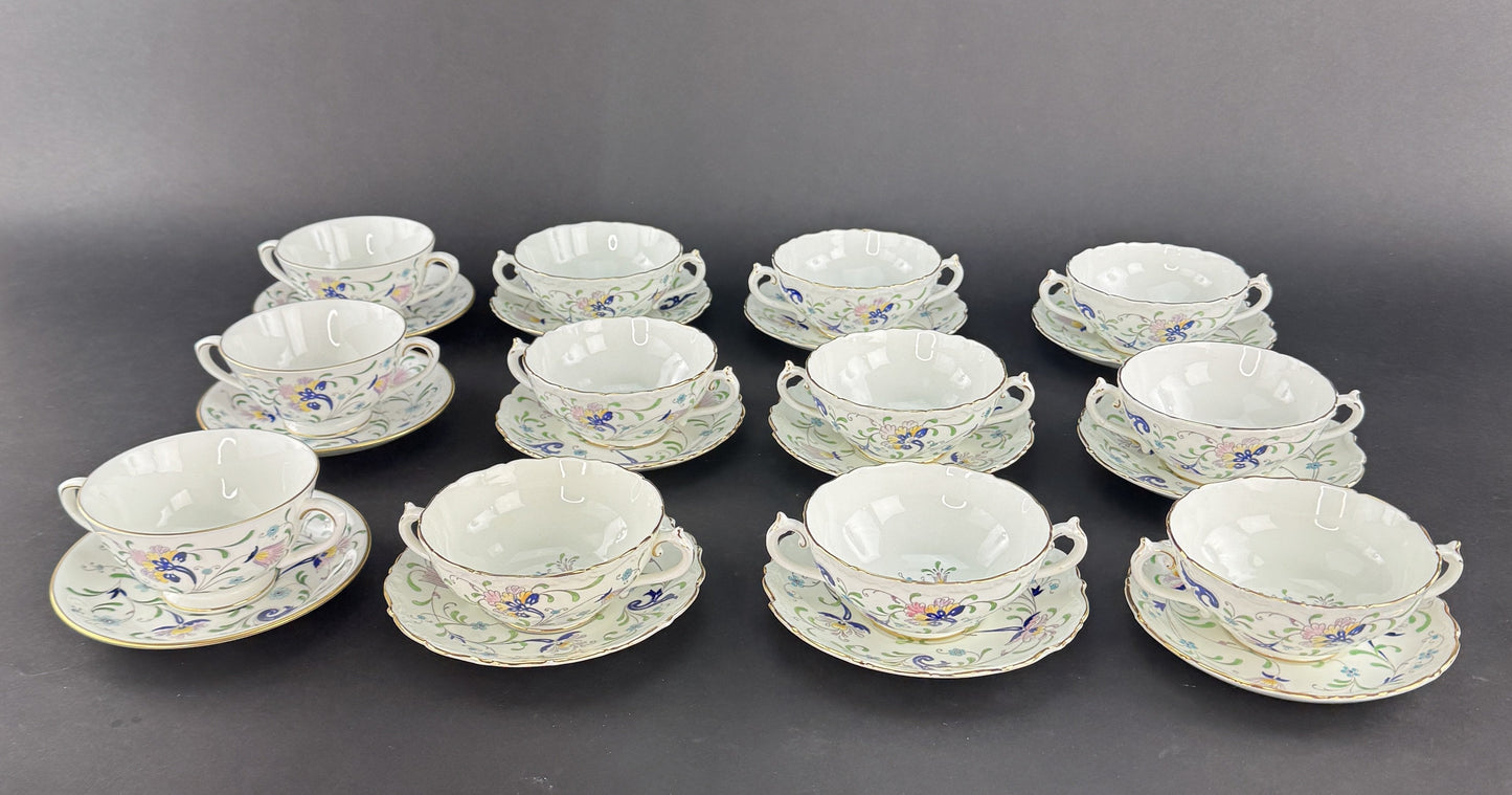 12 Coalport Fanfare Japan 2 Handle Bullion Soups with Under Plates