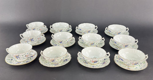 12 Coalport Fanfare Japan 2 Handle Bullion Soups with Under Plates