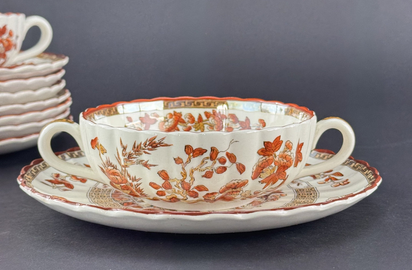 6 Old Copeland Spode India Tree 2 Handled Soups and Saucers