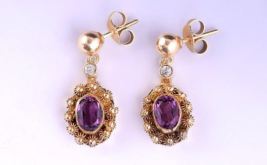 Sweet 14k Gold Pierced Drop Earrings Genuine Diamonds, Simulated Amethyst