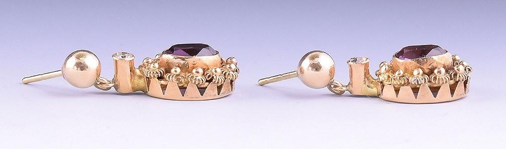 Sweet 14k Gold Pierced Drop Earrings Genuine Diamonds, Simulated Amethyst