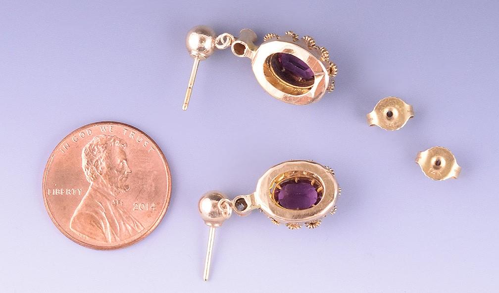 Sweet 14k Gold Pierced Drop Earrings Genuine Diamonds, Simulated Amethyst