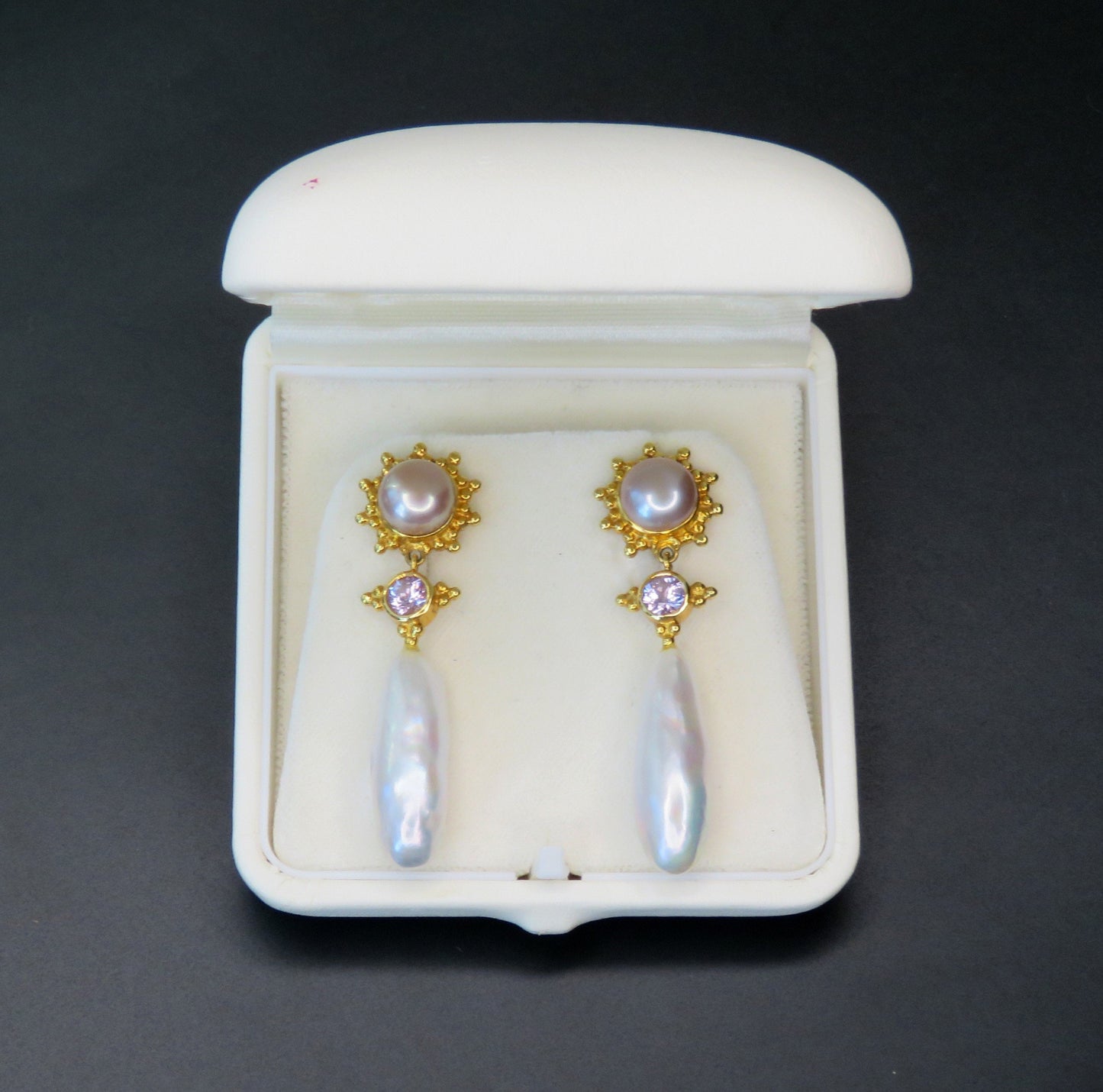 Elegant Paula Crevoshay 18k Gold Rose Pearl Pink Spinel Drop Dangle Earrings