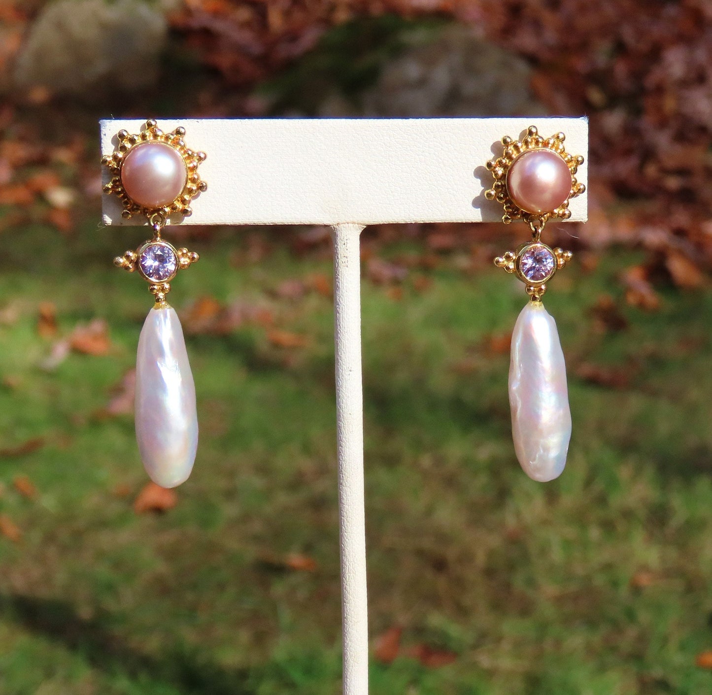 Elegant Paula Crevoshay 18k Gold Rose Pearl Pink Spinel Drop Dangle Earrings