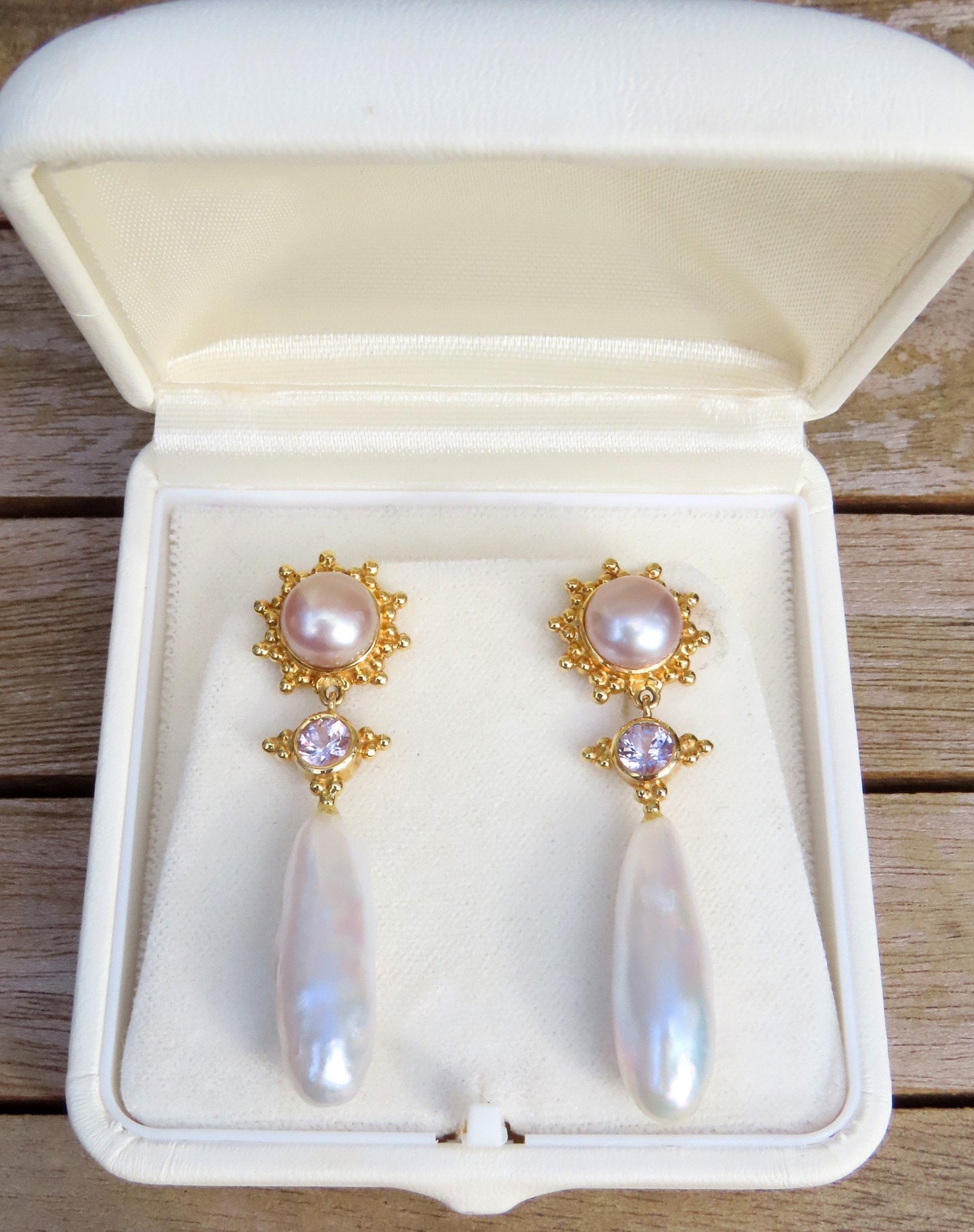 Elegant Paula Crevoshay 18k Gold Rose Pearl Pink Spinel Drop Dangle Earrings