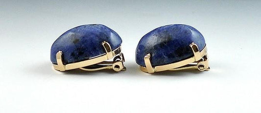 Fabulous Vintage Pair of Royal Blue Sodalite Clipback 14k Yellow Gold Earrings