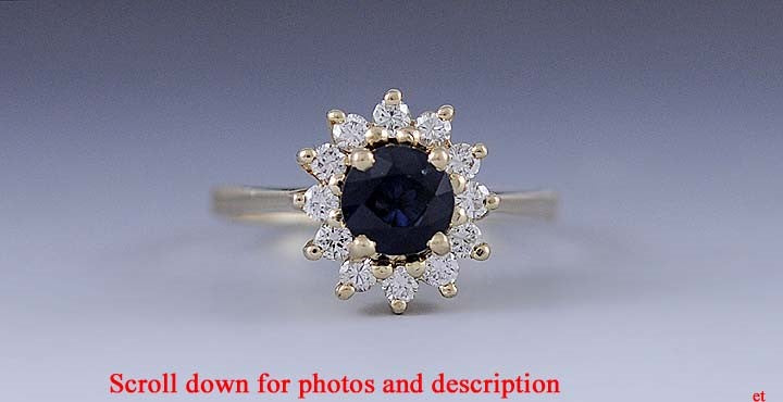 Stunning Sapphire ~.50ct Diamond & 14k Yellow Gold Halo Coronet Cluster Ring