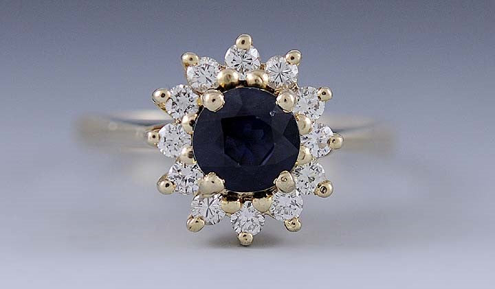 Stunning Sapphire ~.50ct Diamond & 14k Yellow Gold Halo Coronet Cluster Ring