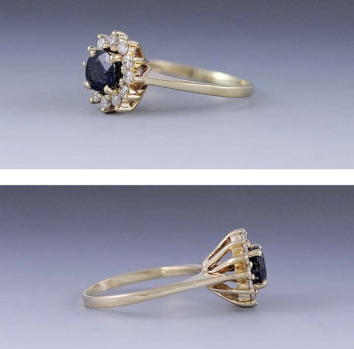 Stunning Sapphire ~.50ct Diamond & 14k Yellow Gold Halo Coronet Cluster Ring