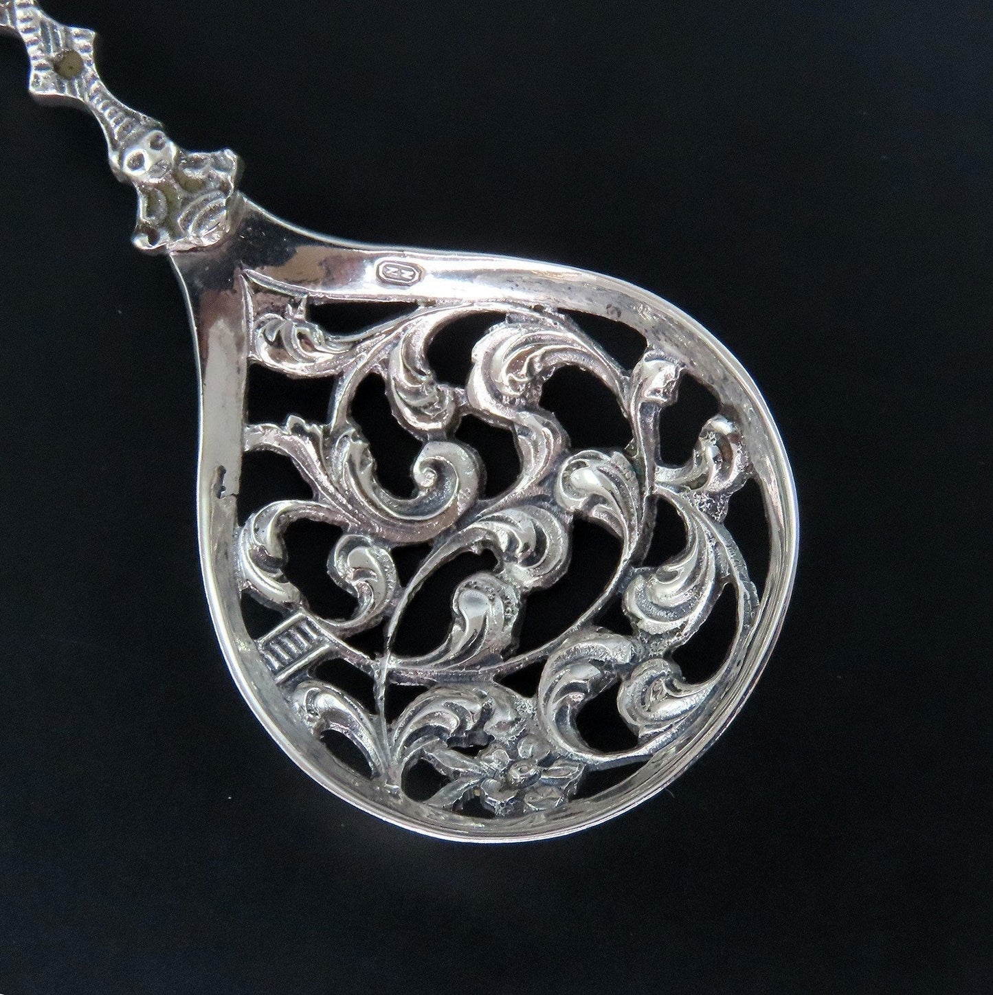 Superb Antique Dutch 833 Silver Sailing Ship Sugar Sifter Pierced Small Spoon
