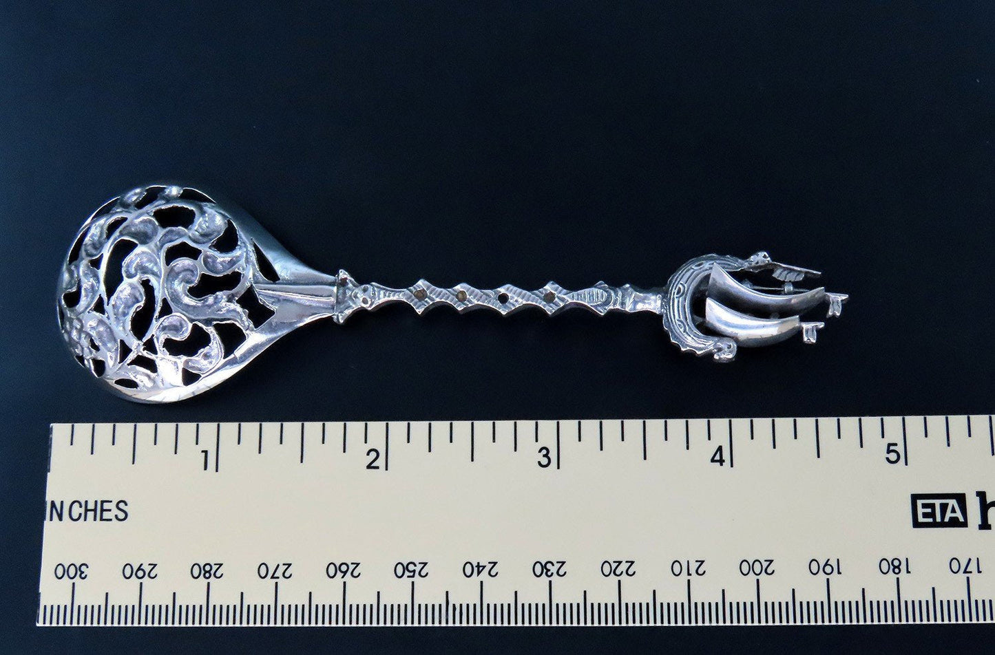 Superb Antique Dutch 833 Silver Sailing Ship Sugar Sifter Pierced Small Spoon