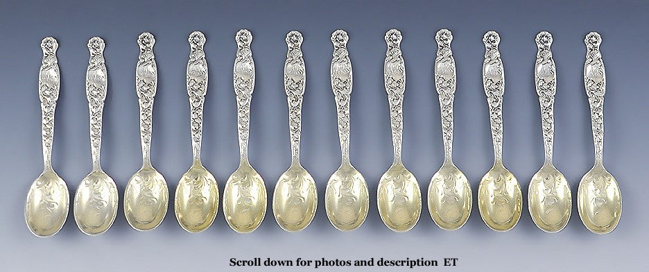 Rare Set 12 Whiting Sterling Silver Heraldic Pat Chocolate Spoons