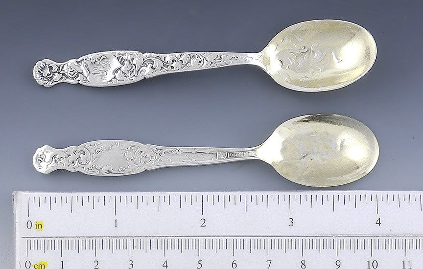 Rare Set 12 Whiting Sterling Silver Heraldic Pat Chocolate Spoons