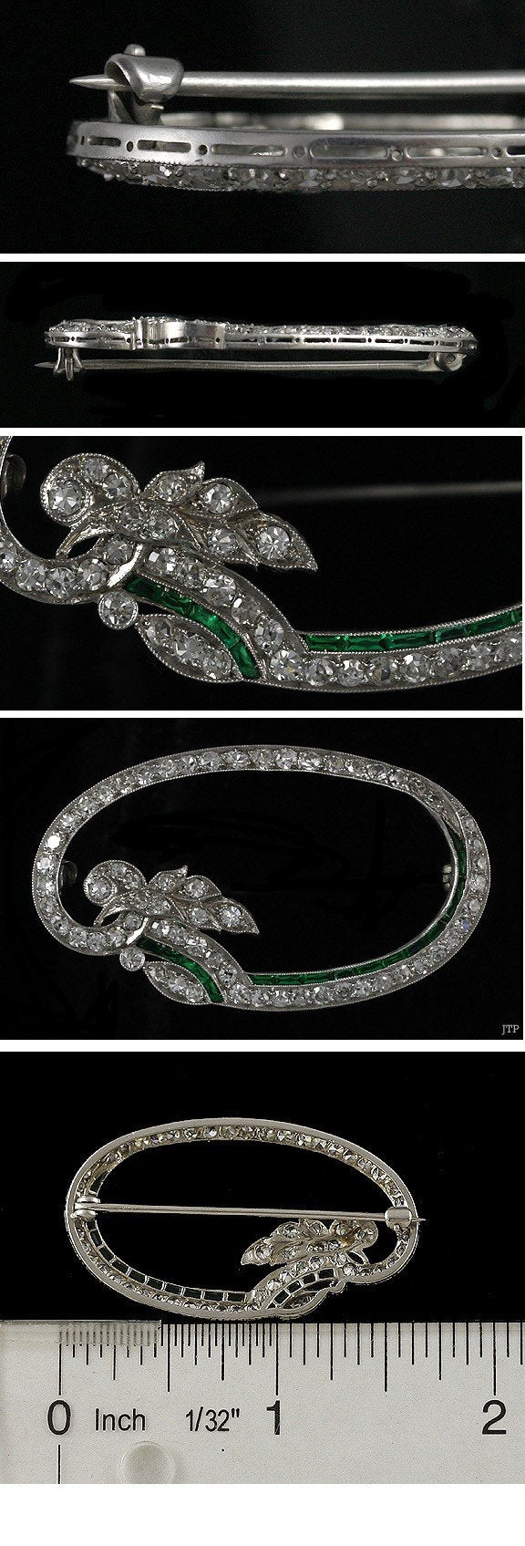 Exquisite Art Deco Platinum Diamond Emerald Brooch Pin c1920s