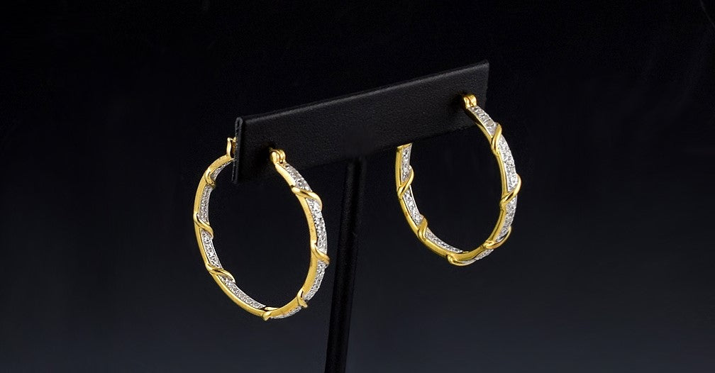 Beautiful Gold Swirl Sterling Silver Accent Diamond Hoop Earrings