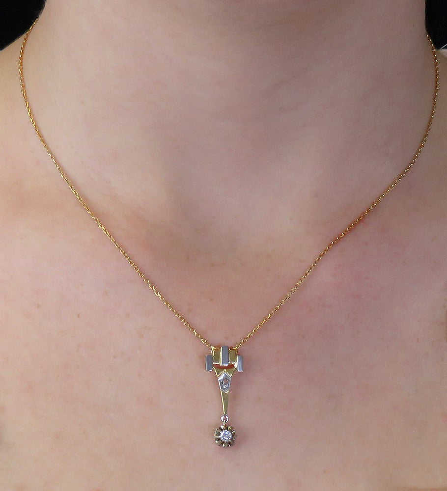 Antique c1920 Art Deco 18K Yellow & White Gold Diamond Pendant Necklace