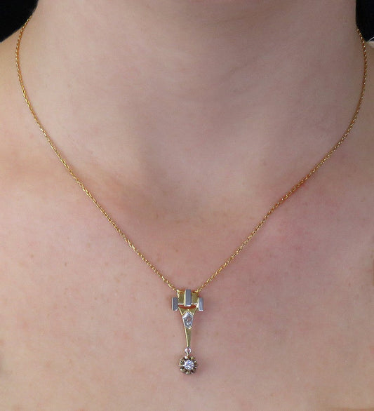 Antique c1920 Art Deco 18K Yellow & White Gold Diamond Pendant Necklace