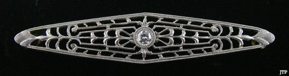 Antique Edwardian 14K White Gold Diamond Milgrain Filigree Bar Pin Brooch