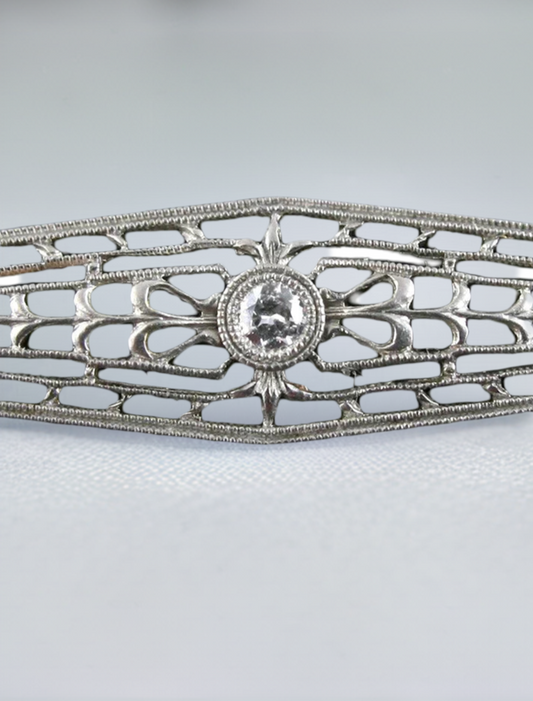 Antique Edwardian 14K White Gold Diamond Milgrain Filigree Bar Pin Brooch
