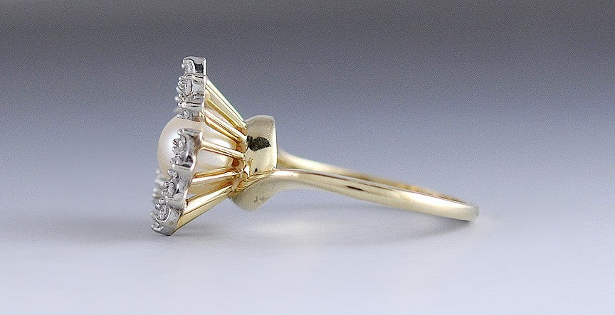 Exquisite Large Pearl & Diamond Halo 14K Yellow Gold Ring Size 7
