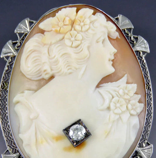 Antique Victorian 14K Gold Filigree Carved Shell 30pt Diamond Cameo Pin Pendant