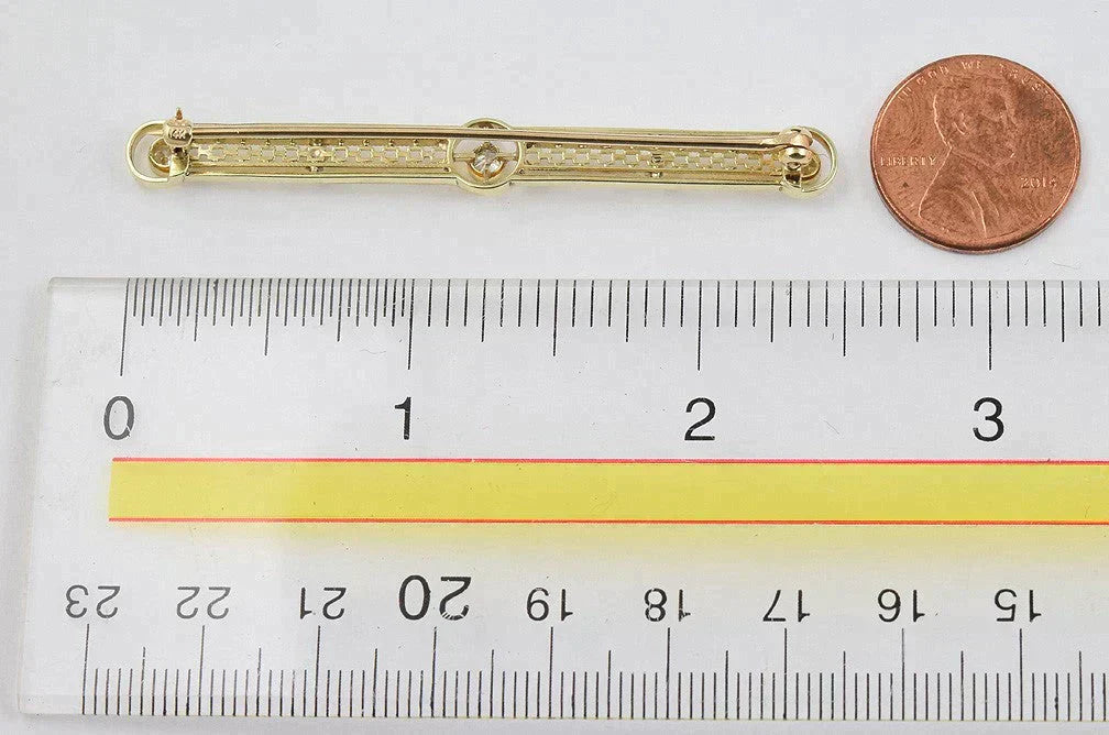 Brilliant Old 14k Yellow Gold Diamond, and Pearl Bar Pin w/ Filigree Design