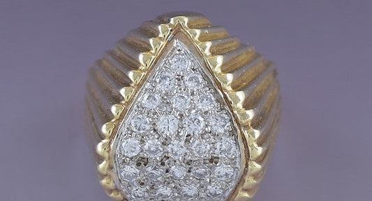 Striking High Quality 14K Yellow Gold Pavé Diamond Navette Ring Size 5.5