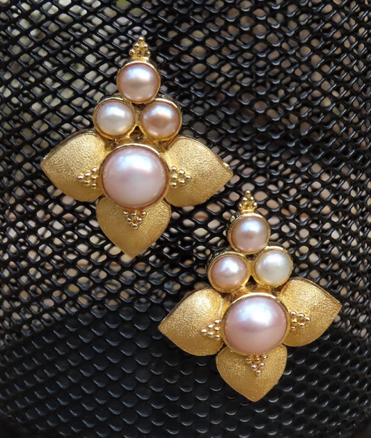 OOAK Paula Crevoshay 18k Yellow Gold Pink Rose Pearl Quatrefoil Earrings