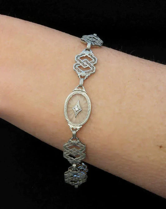 Antique c1915 Art Deco 10K White Gold Diamond Filigree Linked Bracelet 7 3/8"