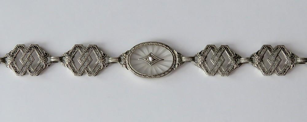 Antique c1915 Art Deco 10K White Gold Diamond Filigree Linked Bracelet 7 3/8"